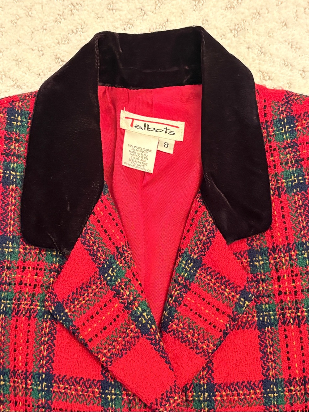 Vintage Talbots Red Plaid Tartan Wool Blazer Jacket Size 8 Black Velvet Collar - Picture 7 of 11